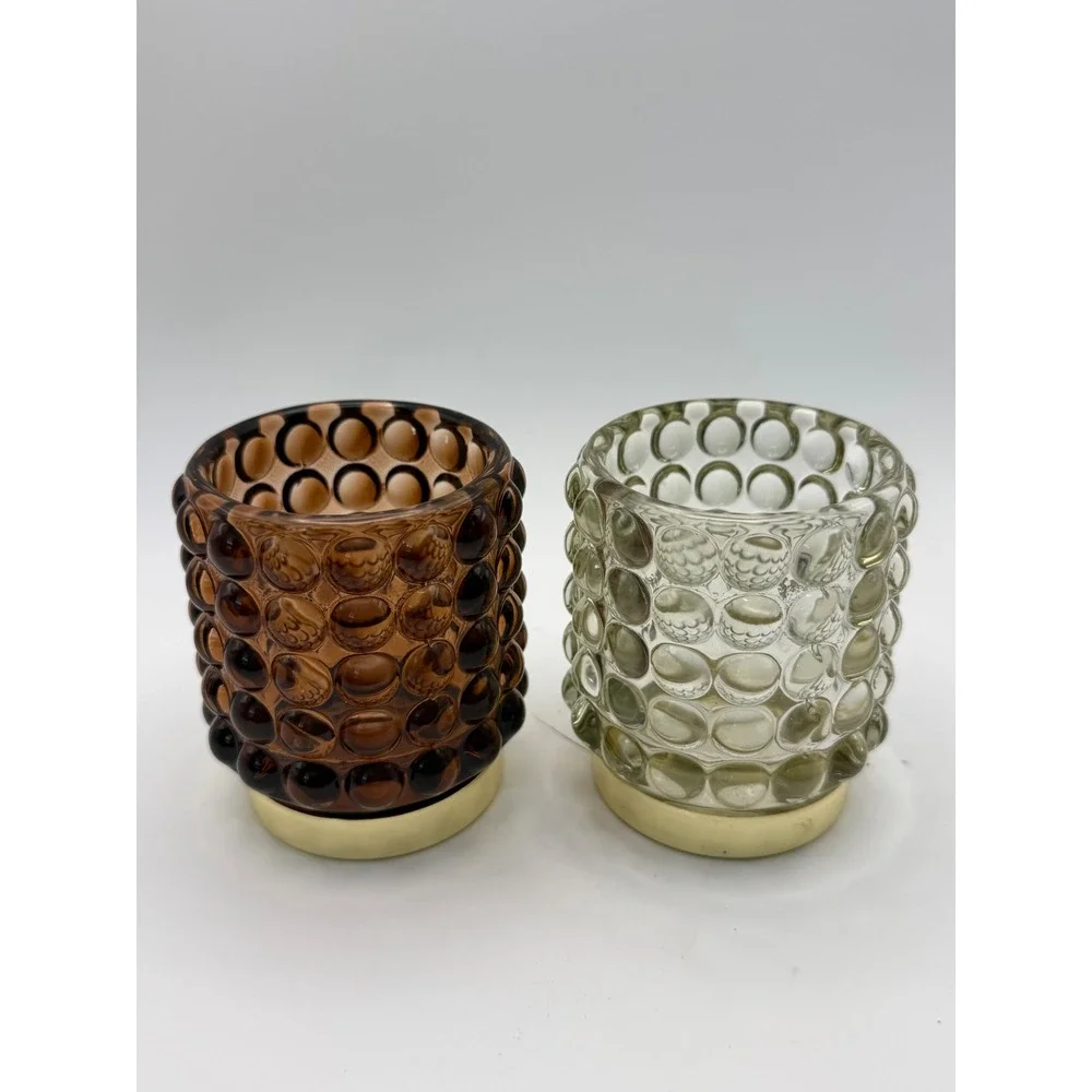MCM Style Hobnail Glass Votive Candle Holders Amber & Clear Gold Base 2pc Set